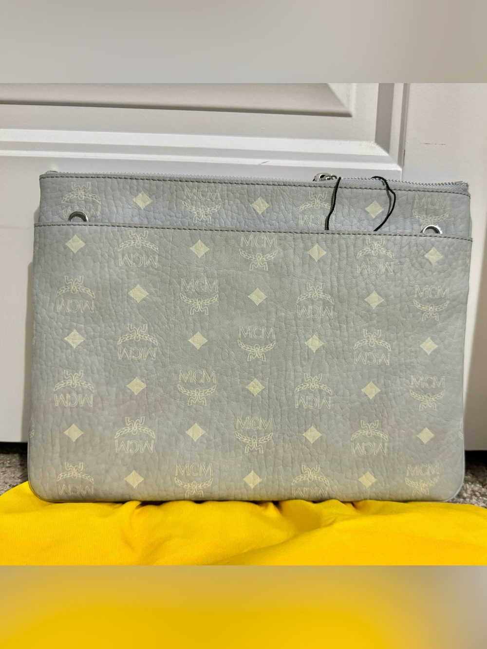 Beautiful MCM Aren misty gray Visetos monogram leather clutch crossbody bag new